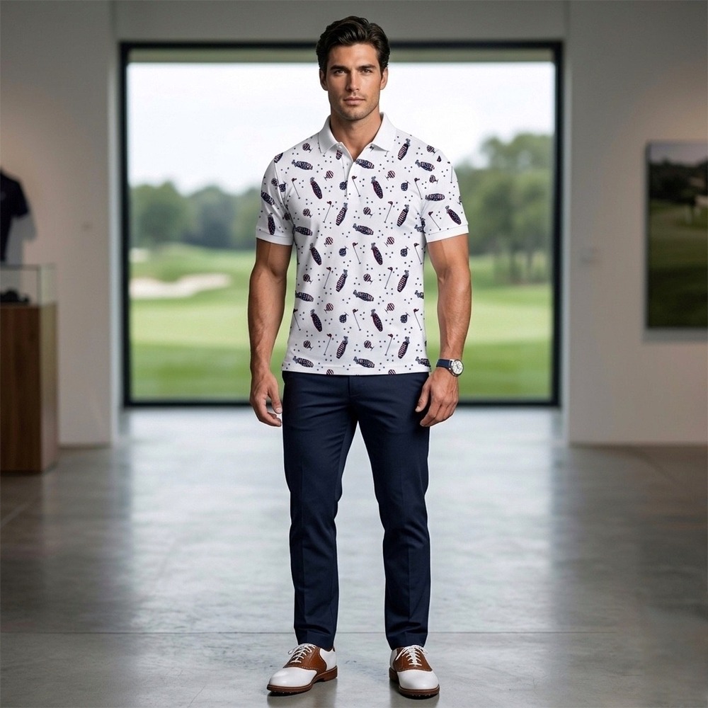 Croft & Barrow C&B Sport Mens White Patriotic Golf Print Polo Shirt Large L